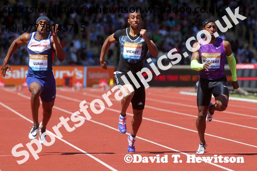 Chijindu Ujah (GB), Jimmy Vacaut (France) and Michael Rodgers (USA) mens 100 metres heats, IAAF Diamond League, Birmingham. Photo: David T. Hewitson/Sports for All Pics